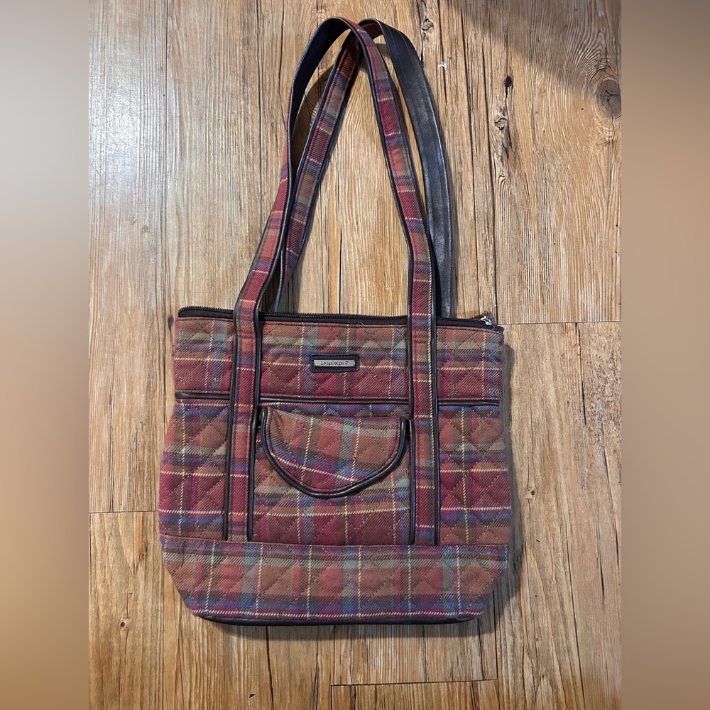 Longaberger Bag Homestead Quilted Red Brown Plaid Tote Purse EUC